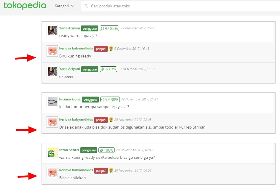 Contoh diskusi penjual dan pembeli di Tokopedia